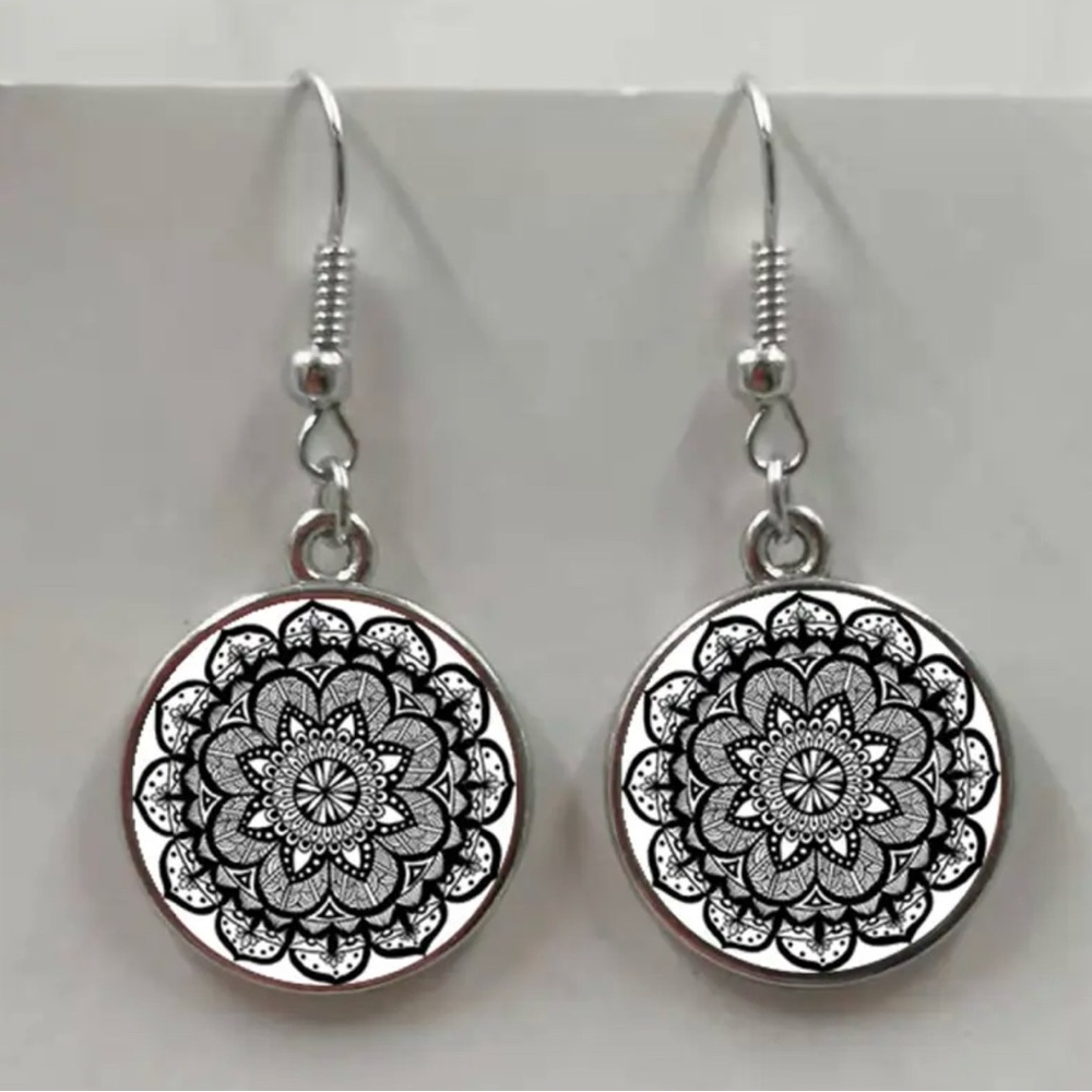 Silver Mandala Earrings black gray handmade round glass dome seed earrings